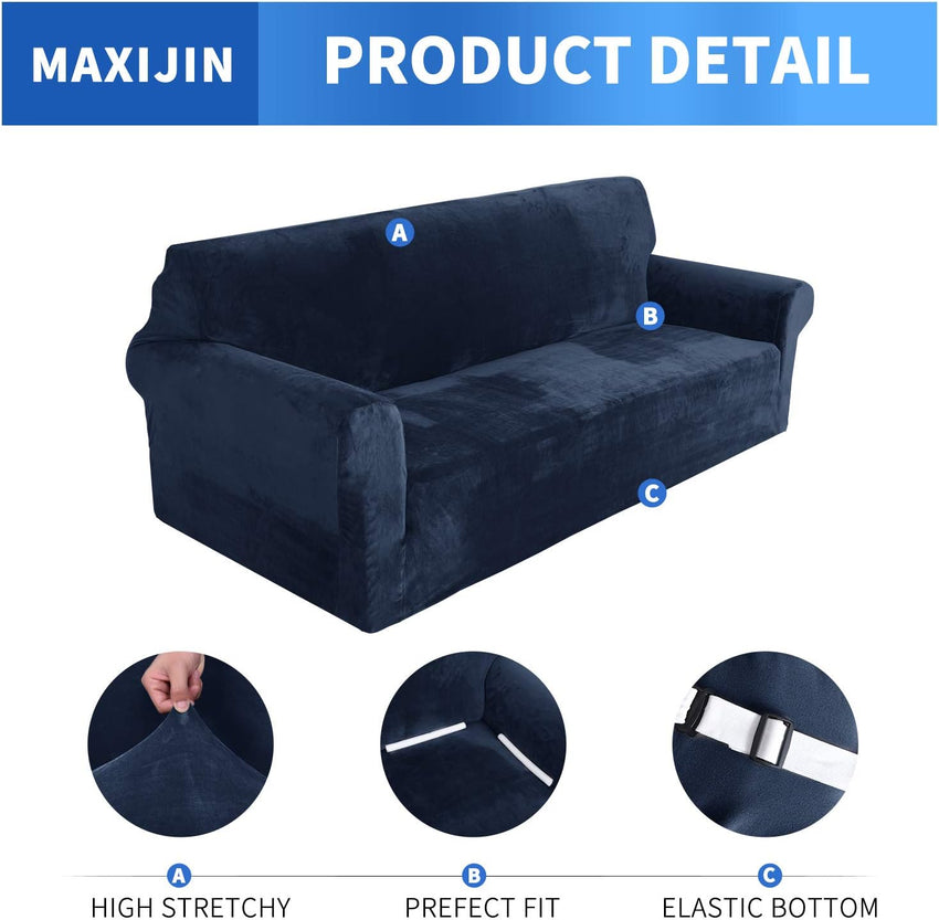 MAXIJIN Thick Velvet Sofa Covers 2 Seater Super Stretch Non Slip Loveseat Covers for Living Room Dogs Cat Pet Plush Love Seat Couch Slipcovers Elastic Furniture Protector (2 Seater, Navy Blue)