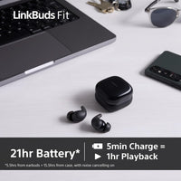 Sony LinkBuds Fit - Truly Wireless Noise Cancelling Bluetooth Earbuds - All Day Comfort, IPX4, Hi-Res Audio, Ambient Sound Mode, 21Hrs Battery Life, Multipoint Connection, iOS & Android - Black