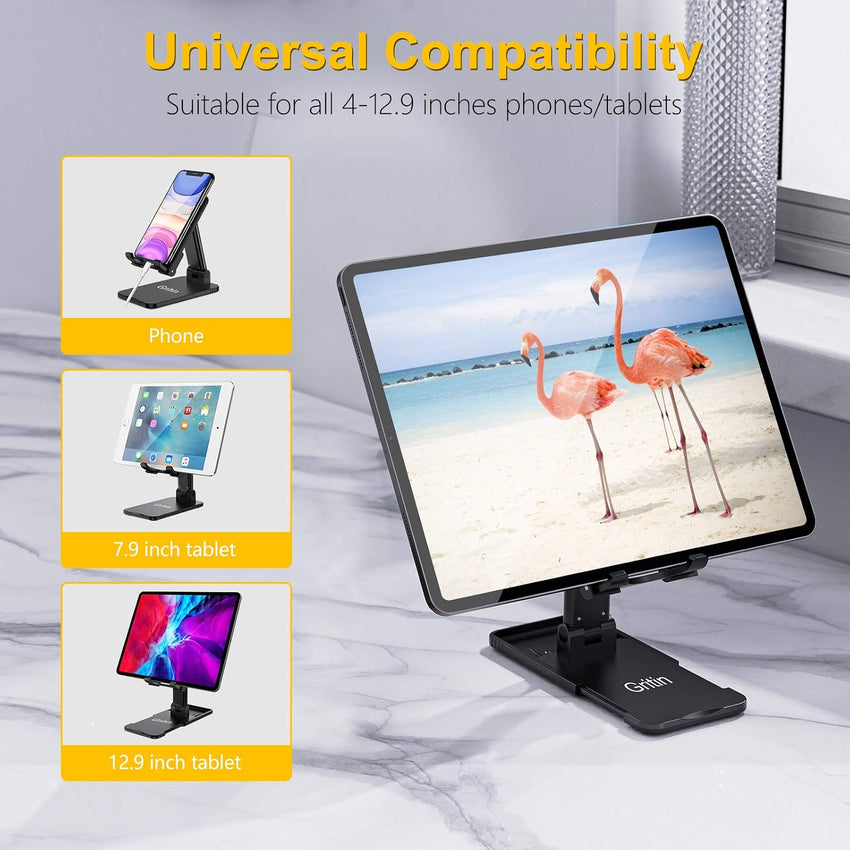 Gritin Tablet Stand, Adjustable Tablet Holder - Foldable Desktop Tablet/Phone Stand Holder Super Stable Compatible with New iPad 12.9, 11, 10.9, 10.2 Air mini 2 3 4 5 6 and All 4-12.9" Tablets
