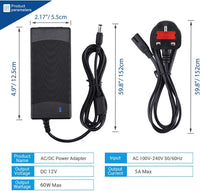 DC 12V 5A Power Supply Adaptor 60W, AC 100-240V to DC 12 Volt Power Adapter UK Plug for Monitors TV DVDTVs Amplifier Cameras System (12V 5A)