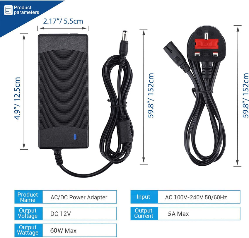 DC 12V 5A Power Supply Adaptor 60W, AC 100-240V to DC 12 Volt Power Adapter UK Plug for Monitors TV DVDTVs Amplifier Cameras System (12V 5A)
