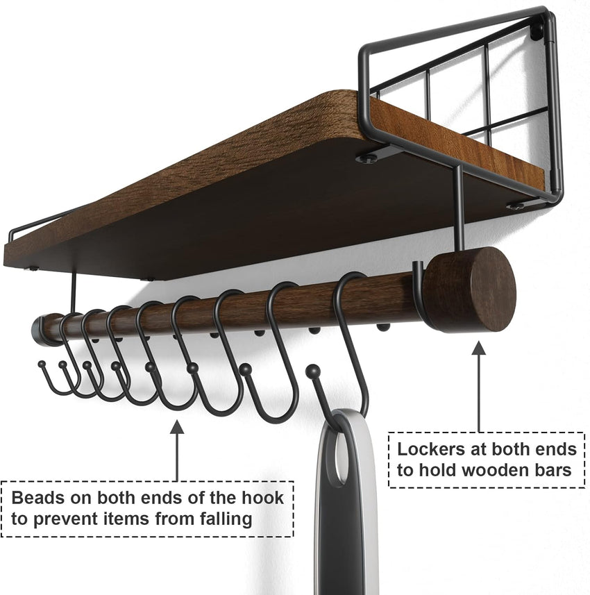 Alsonerbay Floating Shelves Wood Kitchen Shelves Wall Mounted,Rustic Storage with 8 Removable Hooks Small Floating Shelf with black Metal and dark brown Wood for Kitchen Bathroom Bar