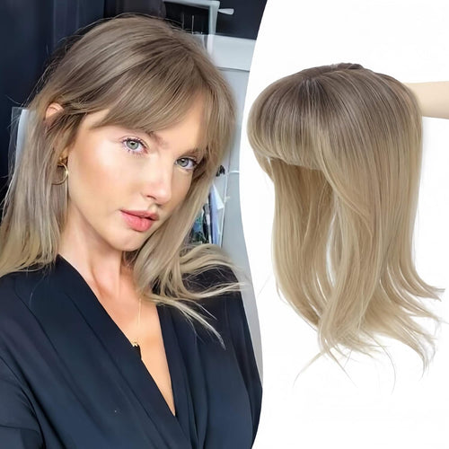 Peonymebeauty 4"X5" Base Clip in Fringe Hair Topper, 360Â°Cover Fake Bangs Hair Toppers for Women 18 Inch Natural Straight Hairpieces Add Volume Fiber Wiglets Ladies(Ombre Brown Blonde)