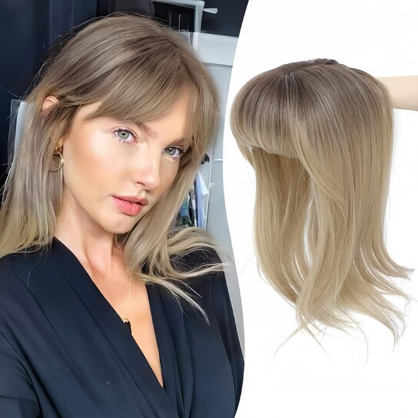Peonymebeauty 4"X5" Base Clip in Fringe Hair Topper, 360Â°Cover Fake Bangs Hair Toppers for Women 18 Inch Natural Straight Hairpieces Add Volume Fiber Wiglets Ladies(Ombre Brown Blonde)