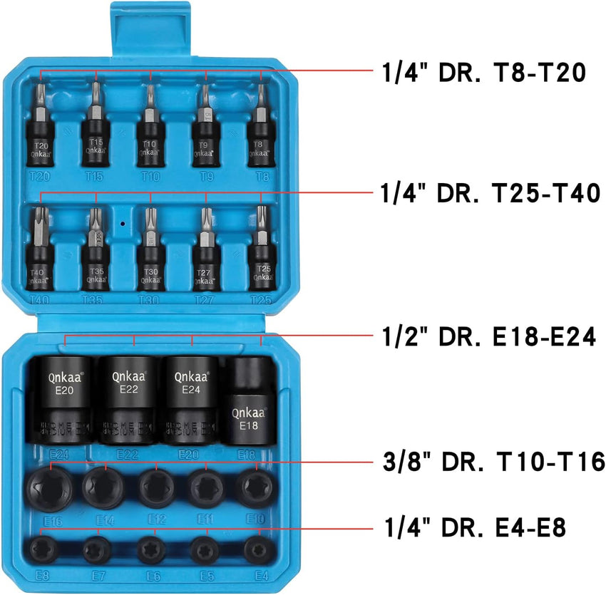 Torx Bit Socket Female E-Torx External Sockets Set 24PCS | 10pcs Star Socket Bits (T8-T40) & 14pcs Female E-Torx Sockets (E4-E24) 1/4" 3/8" 1/2" | CRV | Enhanced Mini Storage Case