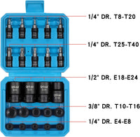 Torx Bit Socket Female E-Torx External Sockets Set 24PCS | 10pcs Star Socket Bits (T8-T40) & 14pcs Female E-Torx Sockets (E4-E24) 1/4" 3/8" 1/2" | CRV | Enhanced Mini Storage Case
