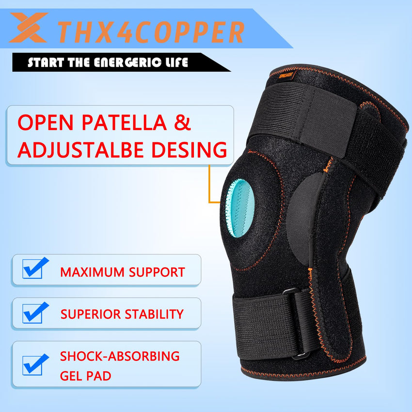 Thx4COPPER Hinged Knee Support Brace-Adjustable Open Patella with Parallel Straps & Dual Side Stabilizers For Joint Pain Relief,Arthritis,Meniscus Tear,MCL, ACL, Tendonitis,Ligament Injury,Medium