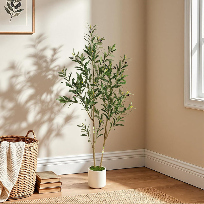 Alupssuc 5FT Olive Tree Artificial, Faux Olive Tree with White Pot, Fake Olive Tree Indoor Outdoor with Natural Wood Trunk & Lifelike Fruits, Perfect for Modern Home Office Living Room Floor Decor