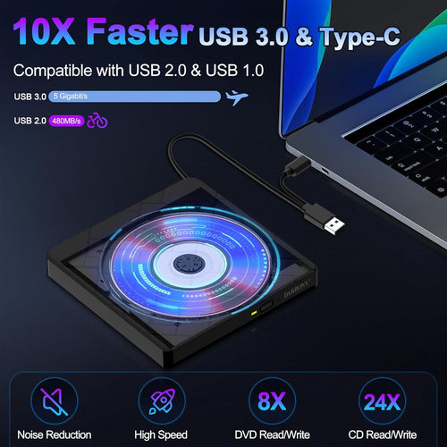External CD DVD Drive for Laptop USB 3.0 Type-C Slim Portable Player CD DVD RW Writer Reader Burner, Low Noise Optical External Disk Drive for Desktop, PC, Mac OS,Windows 11/10/8/7/XP/2003/Vista/Linux