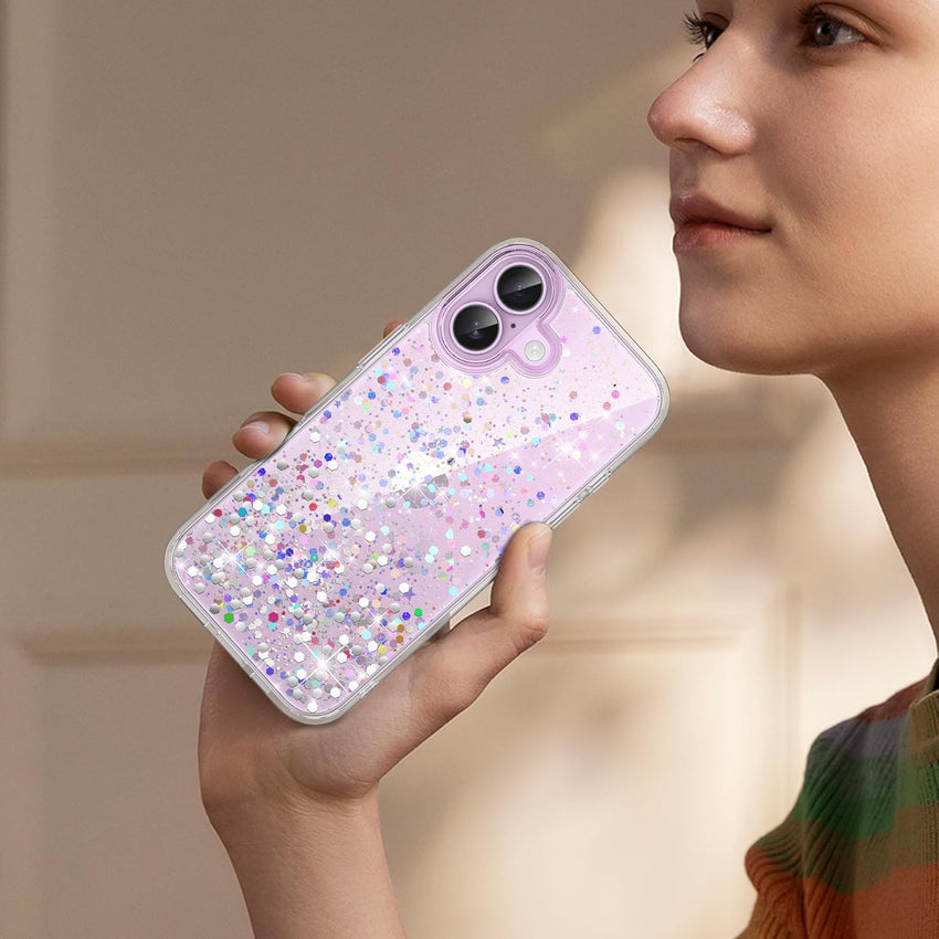 ivencase Clear Glitter Case Compatible with iPhone 17 Case with 2 Tempered Glass Screen Protector, Non-Yellowing [Shockproof] [Anti-Scratch] Slim Sparkly Bling Star Transparent Cover for iPhone 17