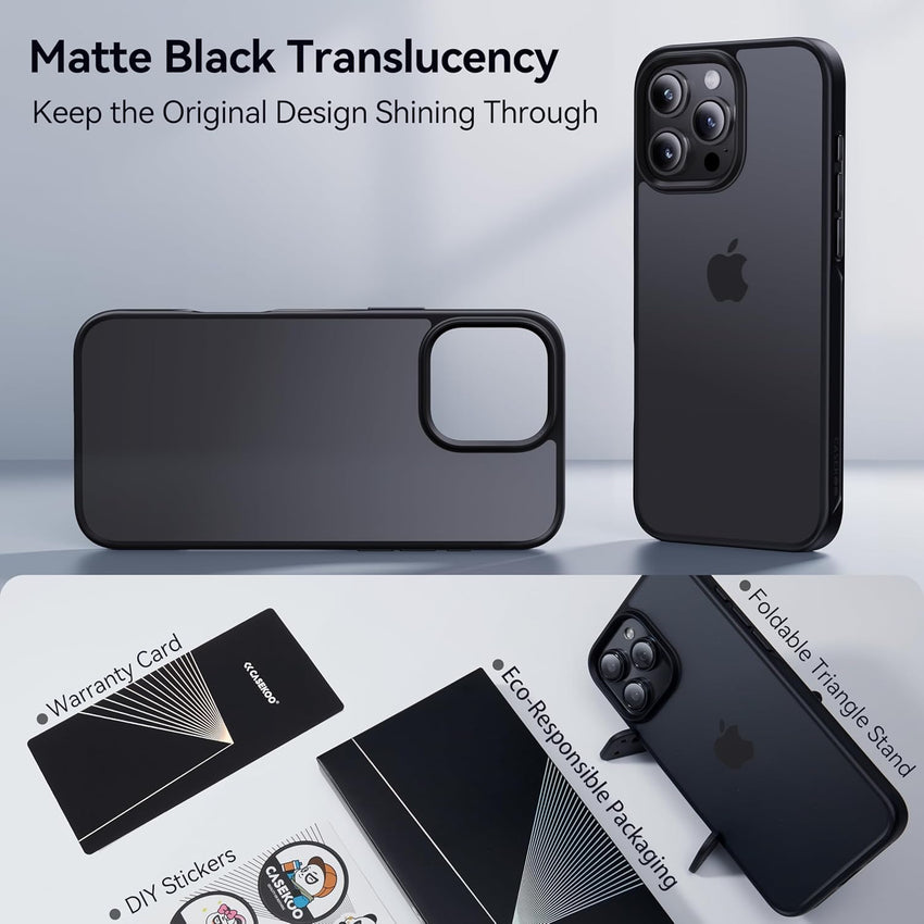 CASEKOO Air-Touch Slim Silky-Smooth Case for iPhone 16 Pro [16FT Military-Grade All-Round Protection] Shockproof Semi-Transparent Matte Cover with 1x Portable Foldable Stand – Black