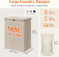 Laundry Basket 165L 3-Compartment with Lid Removable Bag Foldable Tall Hamper Beige