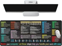 Keyboard Shortcut Mat - Black Oversize Desk Mouse Pad 40x90 Cm, Non-Slip, Dirt Resistant Computer Mat | Smooth Accessory Shortcut Guide for Coding Study Office Room Home Setup