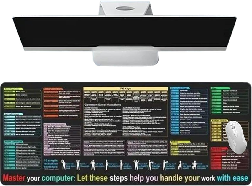 Keyboard Shortcut Mat - Black Oversize Desk Mouse Pad 40x90 Cm, Non-Slip, Dirt Resistant Computer Mat | Smooth Accessory Shortcut Guide for Coding Study Office Room Home Setup