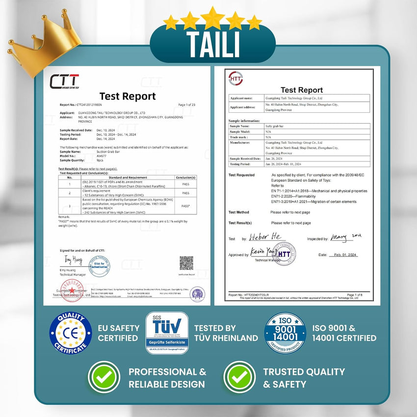 TAILI Suction Grab Rails for Bathroom, 43 CM Hand Rails for Elderly, MAX Hold 110 KG Shower Grab Bar for Elderly, Senior, Disabled, Strong Bathtub Shower Handles, No Drilling, Disability Aids, Silver
