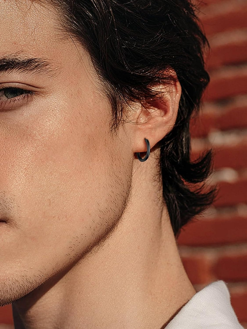 Mens Small Hoop Earrings Stainless Steel Minimal 12mm Black