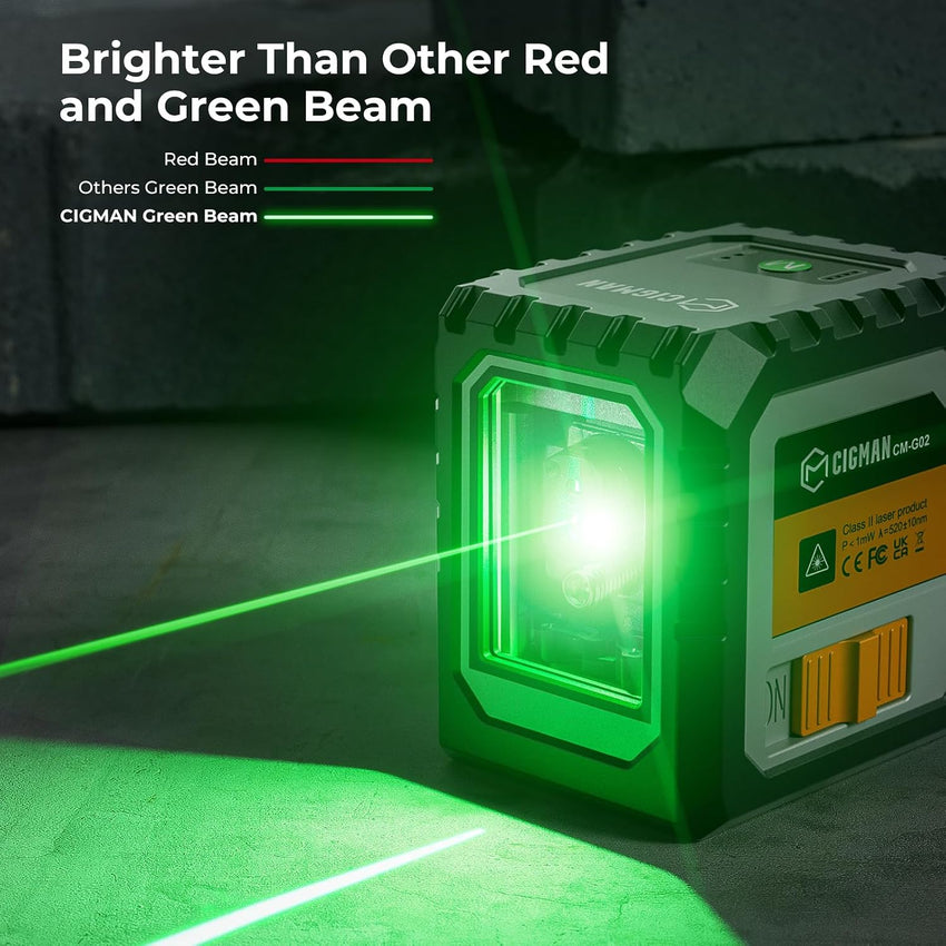 CIGMAN Green Laser Level, Self-leveling Cross Line Laser, 30M Working Distance (Up to 50M with Detector), Rechargeable Battery Built-in, Button Control Laser