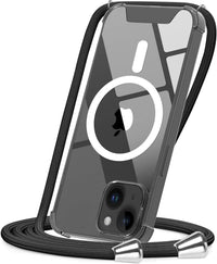 CAROKI Crossbody Lanyard Case for iPhone 14 6.1 inch, Magnetic Case Compatible with MagSafe Transparent Slim PC + TPU Clear Phone Case Cover with Lanyard Strap for iPhone 14-Black