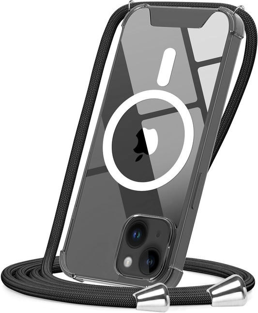 CAROKI Crossbody Lanyard Case for iPhone 14 6.1 inch, Magnetic Case Compatible with MagSafe Transparent Slim PC + TPU Clear Phone Case Cover with Lanyard Strap for iPhone 14-Black