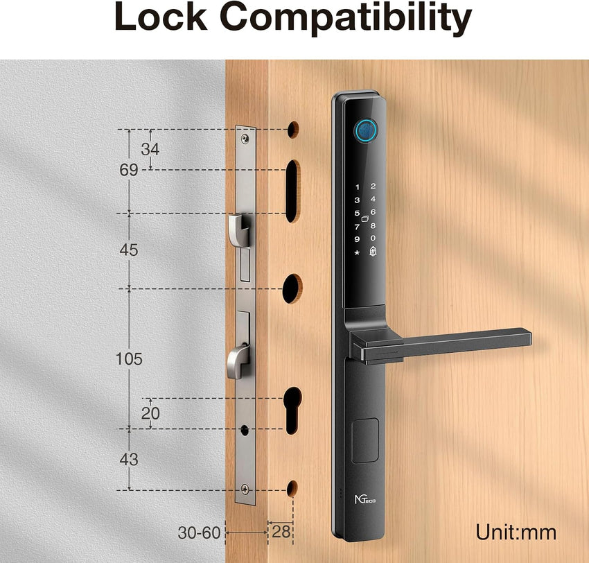 NGTeco Smart Door Lock with Handles, Fingerprint Keyless Security Entry Door Lock, Passcode, IC Card, Fingerprint, Key, WiFi Smart Lock for Narrow-Frame Doors, APP Control, Easy Installation