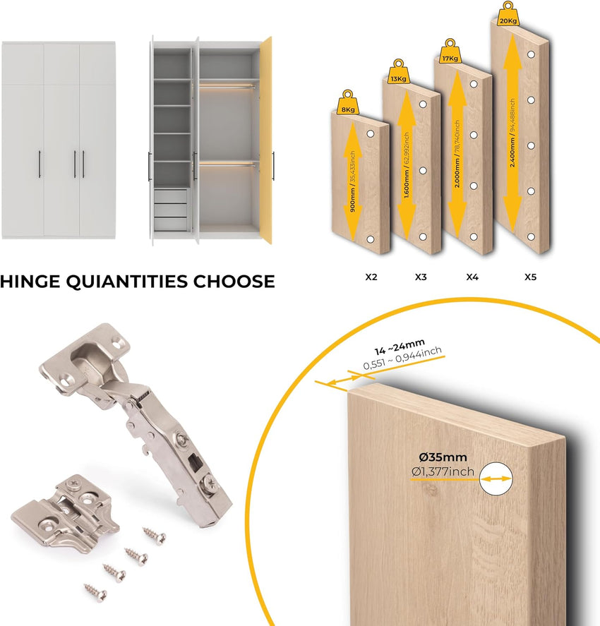 Full Overlay Cabinet Hinges Ã35mm Soft Close 105Â° Opening Eccentric Adjustment â Pack of 20