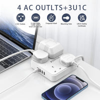 POWSAF 4 Way Extension Lead, Power Strip Extension Cord with 4 Plug Extension Socket and 2M Extension Cable for Home Office Travel,White