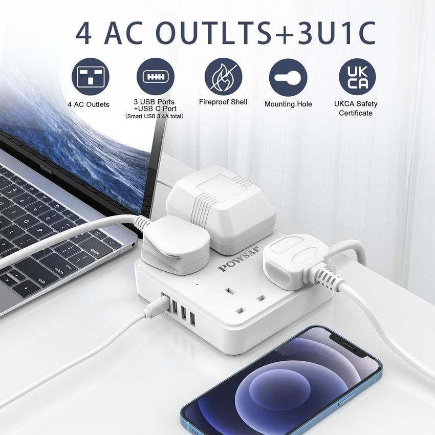 POWSAF 4 Way Extension Lead, Power Strip Extension Cord with 4 Plug Extension Socket and 2M Extension Cable for Home Office Travel,White
