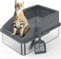 FURTIME Stainless Steel Cat Litter Tray Grey with Detachable Enclosure, 31cm High Sided Cat Litter Box Anti-Spillage and 60cm Extra Large Litter Tray with Lid for All Cats, with Litter Scoop & Mat