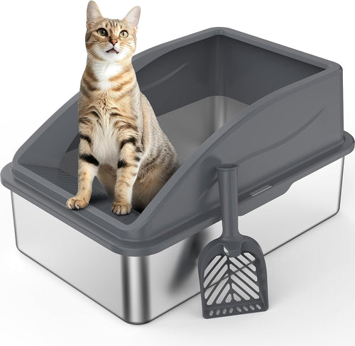 FURTIME Stainless Steel Cat Litter Tray Grey with Detachable Enclosure, 31cm High Sided Cat Litter Box Anti-Spillage and 60cm Extra Large Litter Tray with Lid for All Cats, with Litter Scoop & Mat