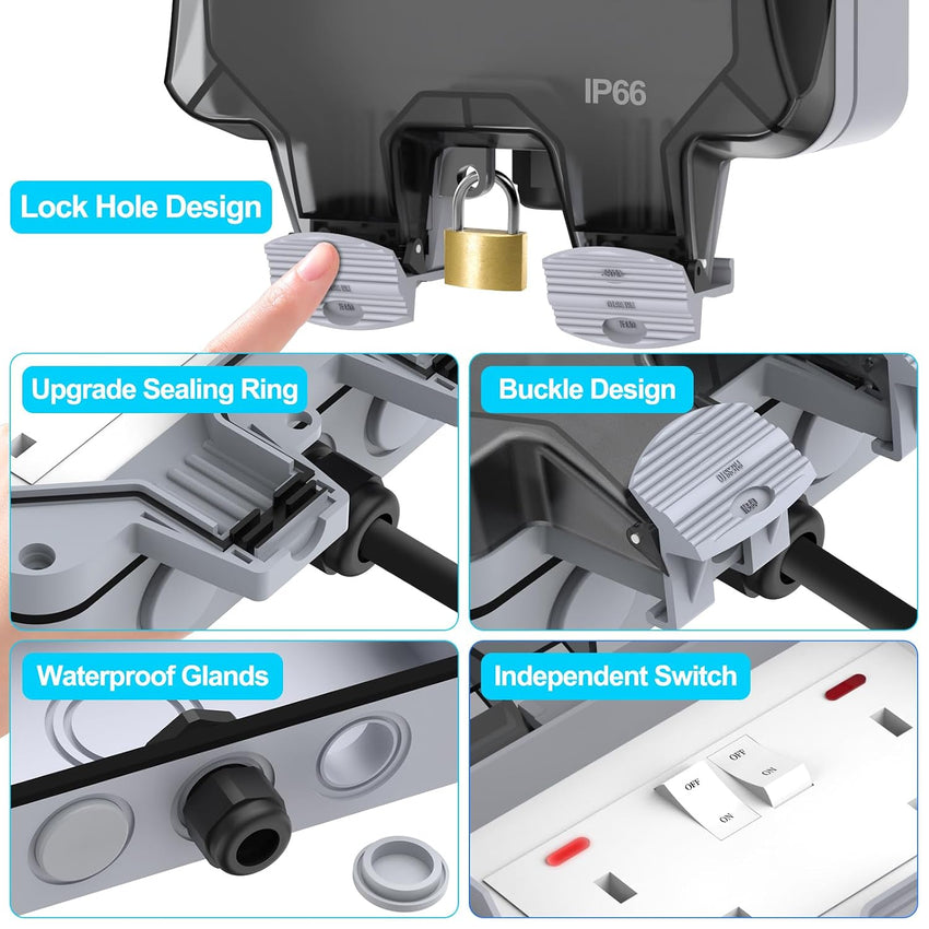 Weatherproof Outdoor Socket Waterproof Double Socket 3M Extension Lead IP66 Switched Wall Electrical Outlet 13 Amp 2 Gang Power Socket, Garden Outside Plug Sockets Cover Box