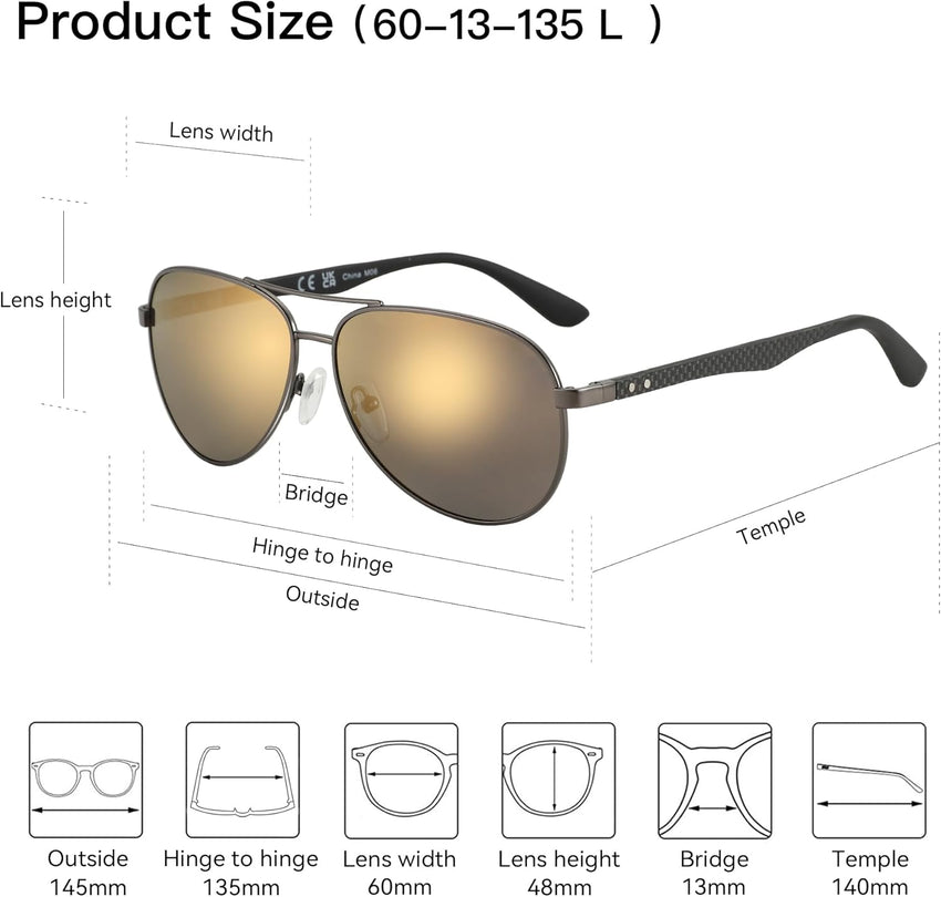 ZENOTTIC Pilot Polarised Sunglasses Mens Womens Carbon Fiber Metal Frame Mirrored UV400 Protection Unisex Classic Retro Style