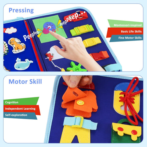 Montessori Busy Board for Toddlers with Basic Life Skills Activities â Blue