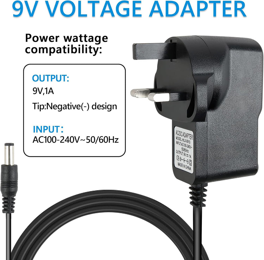 Guitar Pedal Power Supply, 9V DC 1A 6.6ft Guitar Effects Power Adapter, Center Tip Negative Sleeve Positive, Noise Reduction