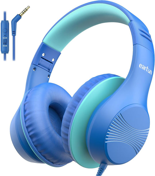 EarFun Kids Headphones Wired, Over Ear Foldable Headphones with Microphones, 85/94dBA Safe Volume Limit, HD Stereo Sound, 3.5mm Jack, Children Headphone for School/Travel/Boys/Teen/Tablet/Pad, Blue