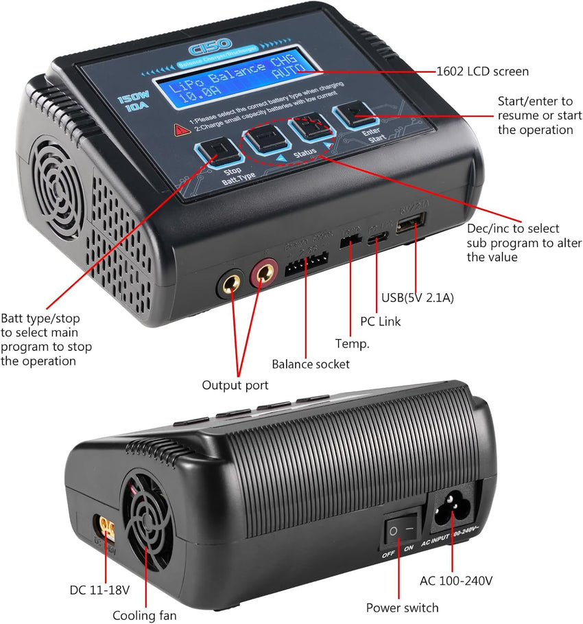 LiPo Charger,150W 10A AC/DC for Battery Balance Charger Discharger Li-ion/Life/NiCd/NiMH/LiHV/PB/Smart Battery(Battery Charger Adapter)