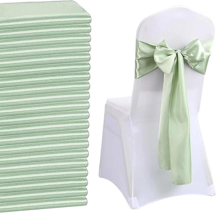 QeeFop Pack of 50 Sage Green Satin Sashes Wedding Chair Bow, Elastic Chair Sashes for Wedding Decoration, Birthday, Banquet, Party, Chair Decoration (Sage Green)