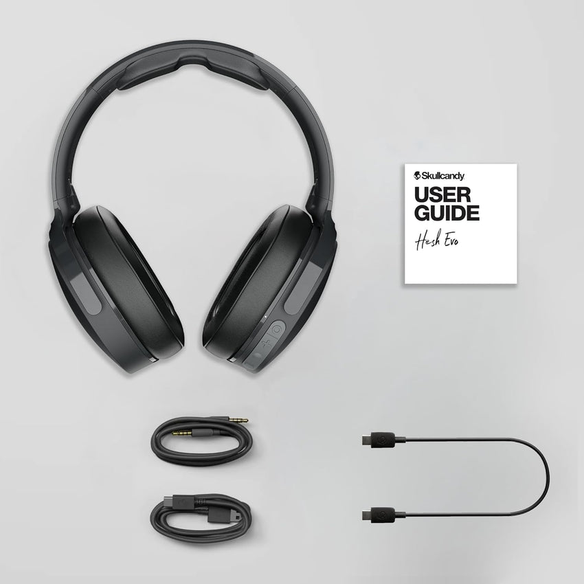 Skullcandy Hesh Evo Wireless Over-Ear Bluetooth Headphones with Extra USB-C Charging Cable, Noise Isolating, 36 Hours Battery, Foldable Lightweight Design, Microphone for iPhone Android - True Black