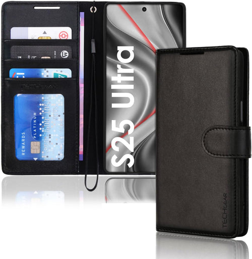 TECHGEAR For Samsung S25 Ultra Phone Case, Black PU Leather Wallet Case with RFID Blocking, Card Slots, Stand Function, Wrist Strap, Magnetic Closure, Shockproof Protection for Galaxy S25 Ultra 5G