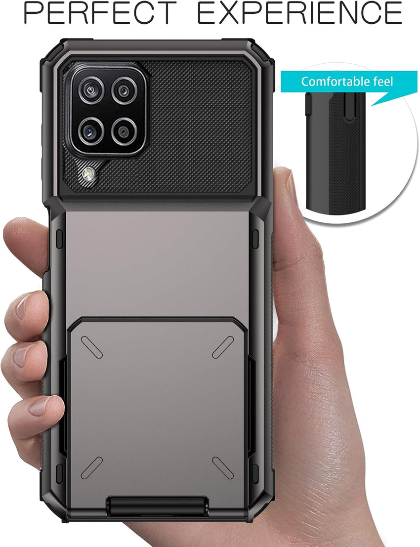 Draamvol for Samsung Galaxy A12 Phone Case with Card Holder Slots Armor Shockproof Flip Wallet Case Hard PU Back Soft TPU Inner Bumper Cover for Galaxy A12 Case, Grey