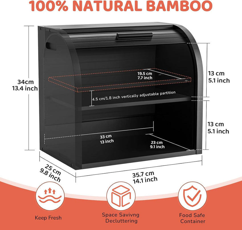 Bamboo Bread Bin 2-Layer Roll-Top Bread Storage with Removable Layer Self Assembly â Black