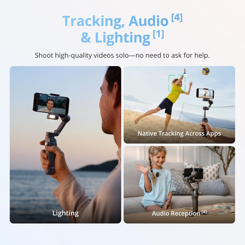 DJI Osmo Mobile 8 Gimbal Stabilizer for Phone, AI Native Tracking with Audio & Lighting, 360^0 Pan Rotation, Built-in Extension Rod & Tripod, 10h Battery, Extension Rod, Robust 3-Axis Stabilization