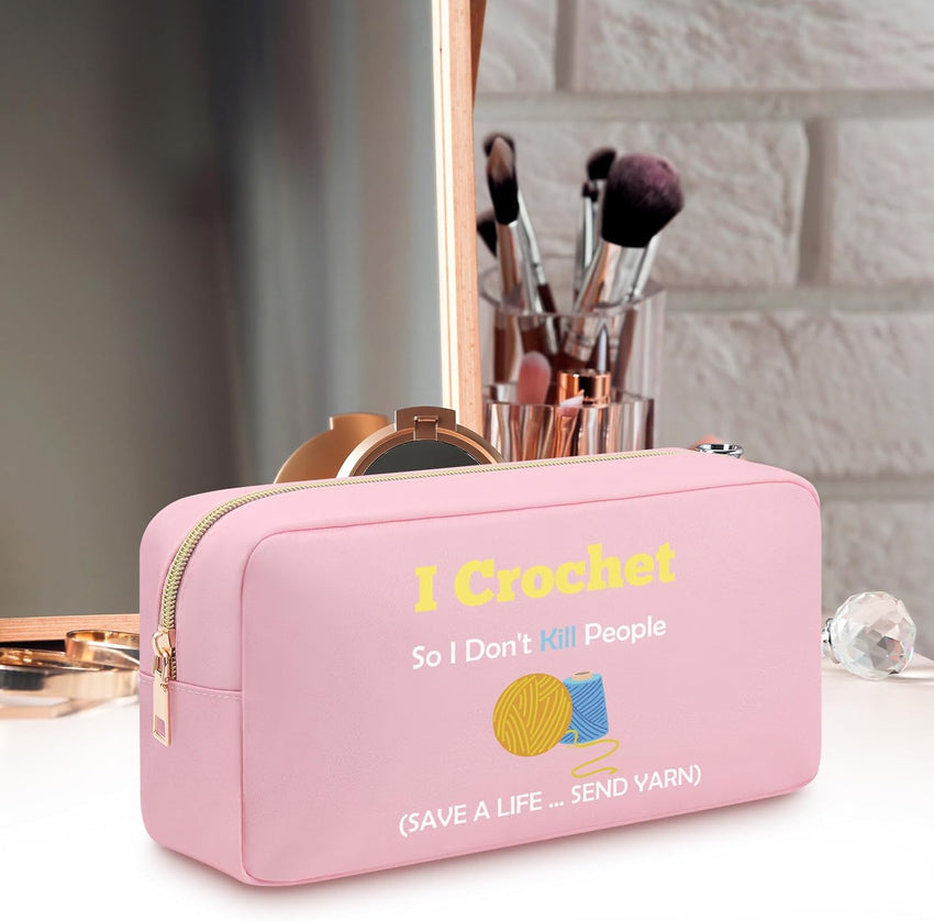 Crochet Cosmetic Bag Oxford Cloth Zipper Pouch for Crocheters Knitting Gifts â Pink