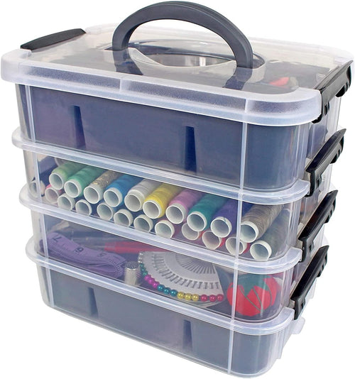 Bins & Things Stackable Storage Container with Organizers for Arts and Crafts - Craft Box with 4 Removable Trays - Plastic Sewing Box - Bead Organizer Box - Art Supply Organizer - 30x27x18 cm, Gray