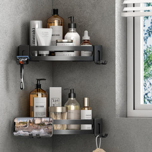 Voldra Corner Shower Caddy No Drilling, Shower Shelf Coner Adhesive Bathroom Corner Shelves with 4 Razor Hooks Shower Corner Shelf No Drill Bathroom Organiser Storage Wall Mounted(2-Pack, Black)
