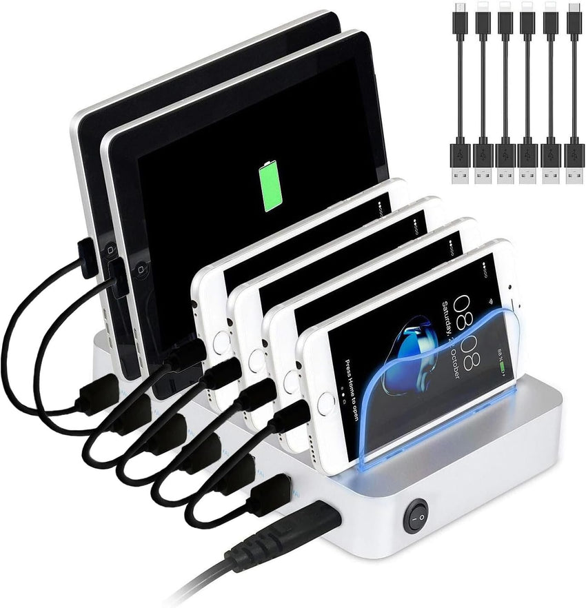 Charging Station 6-Port USB Dock with Cable & Status LEDs Silver