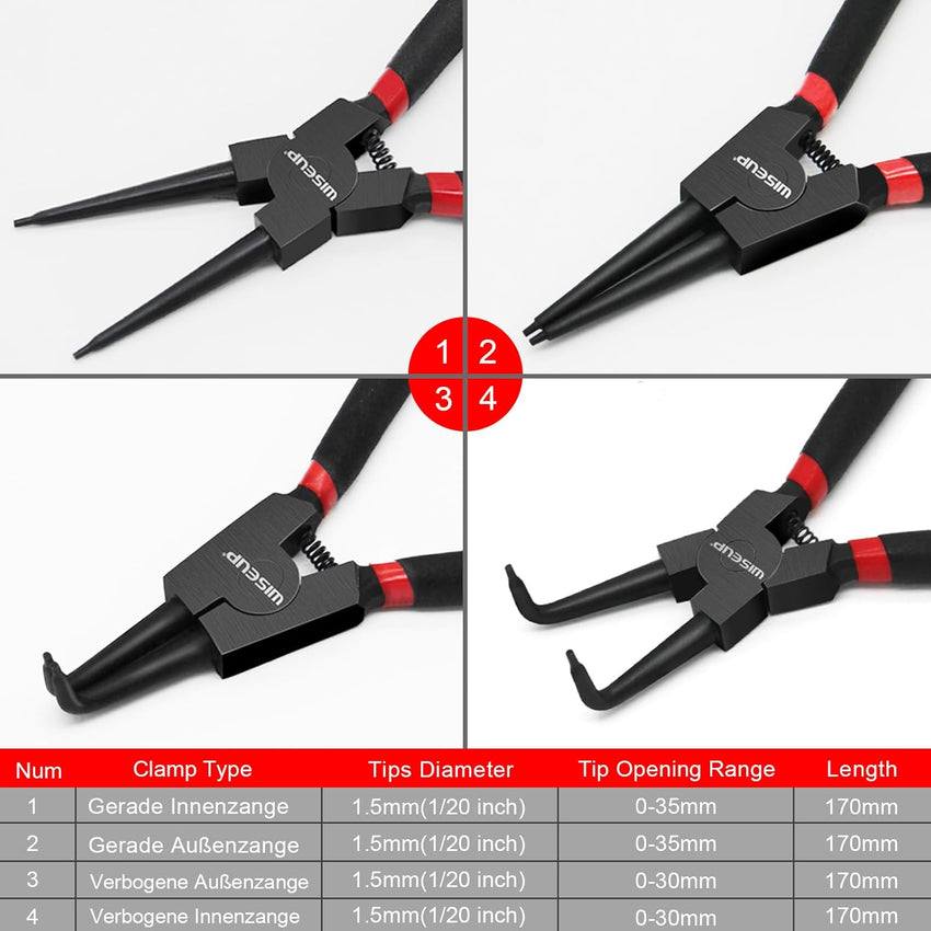 WISEUP Pliers Set, 170mm 4-Piece Bent/Straight Internal External Circlip Pliers, Industrial Carbon Steel plier Set, Anti-Rust, Anti-Bending and Labor-Saving Split Ring Pliers, with Storage Bag