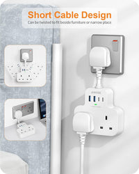 Multi Plug Extension Socket with 4 USB Ports, ANVODE 2 Way Plug Adaptor with Flexible Cable, Short Extension Lead Double Adapter Plug UK for Bedroom, Office, Kitchen. White