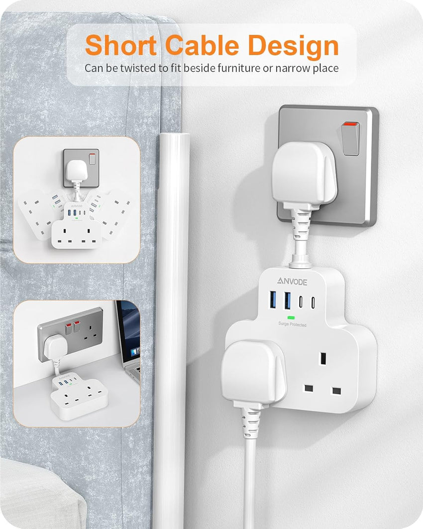 Multi Plug Extension Socket with 4 USB Ports, ANVODE 2 Way Plug Adaptor with Flexible Cable, Short Extension Lead Double Adapter Plug UK for Bedroom, Office, Kitchen. White