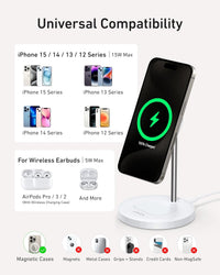 Anker MagGo 2-in-1 Wireless Charging Station, MagSafe Charger Compatible, Qi2 Certified 15W Wireless Stand, Apple Watch Charger for iPhone 16/15/14 Series, AirPods (No AC Adapter)