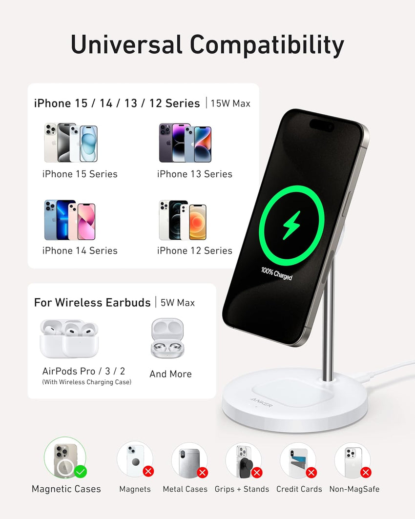 Anker MagGo 2-in-1 Wireless Charging Station, MagSafe Charger Compatible, Qi2 Certified 15W Wireless Stand, Apple Watch Charger for iPhone 16/15/14 Series, AirPods (No AC Adapter)